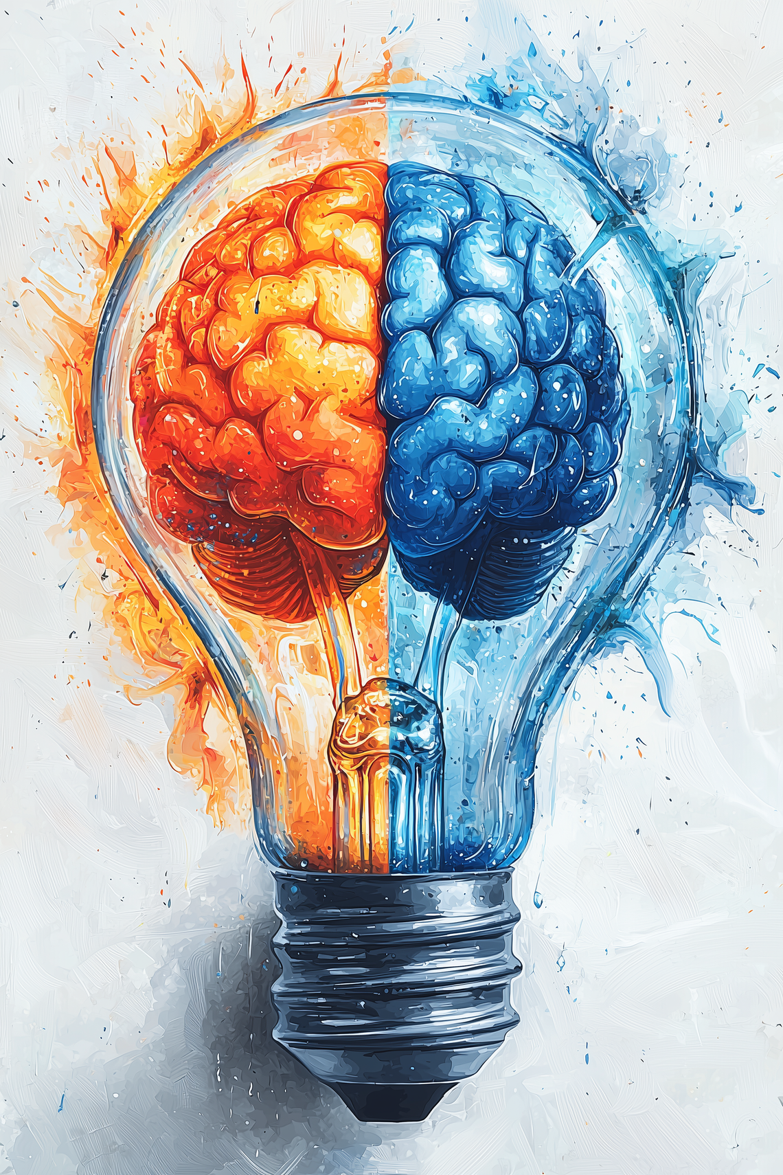 Illustration of a light bulb with an orange left-brain for creativity and blue right-brain for logic.