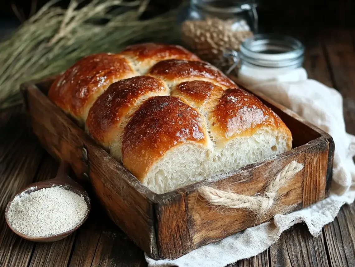 Freshly baked loaf of bread with a golden crust placed in a rustic wooden box, creating a warm and homely scene.