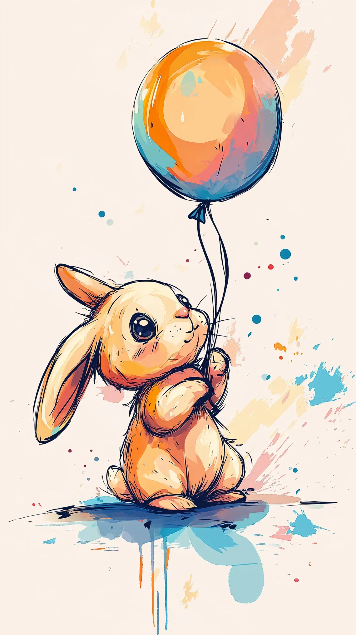 Lumie the bunny holding a balloon with a rainbow-inspired background, designed for a children's book.