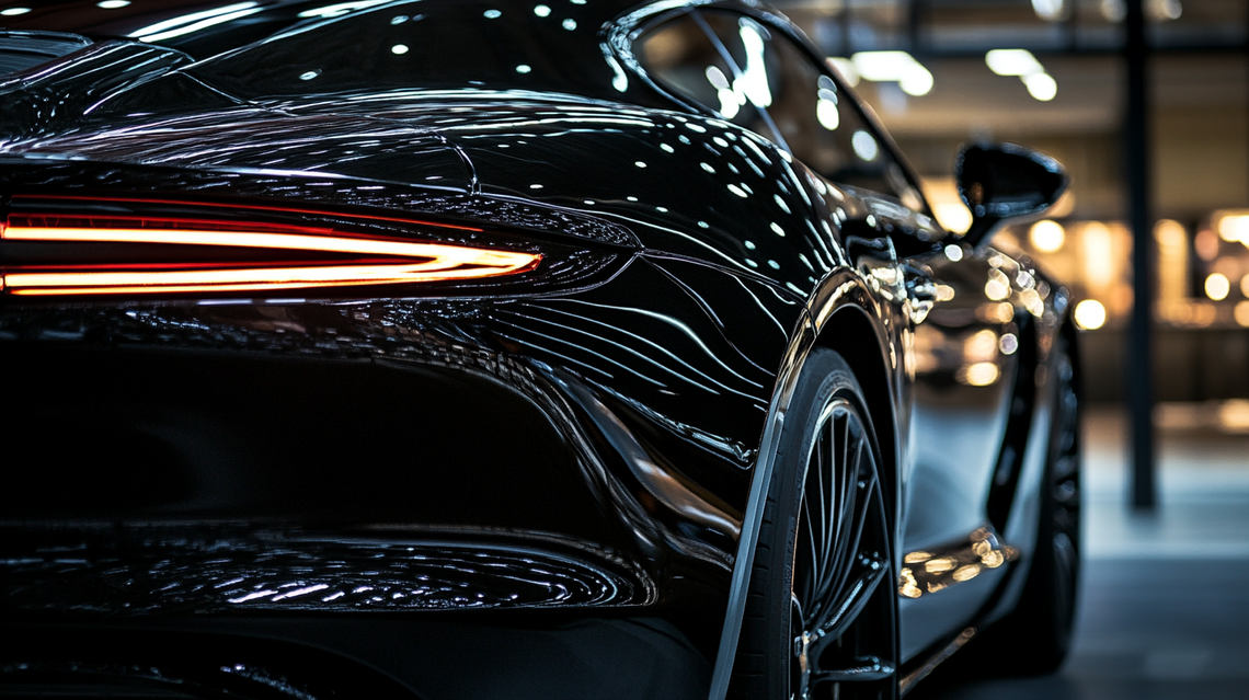 Macro close-up of luxury car body with night scene reflection