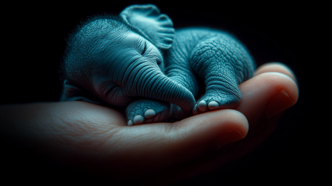 Tiny elephant curled up on a fingertip with detailed skin texture, in warm, soft lighting.