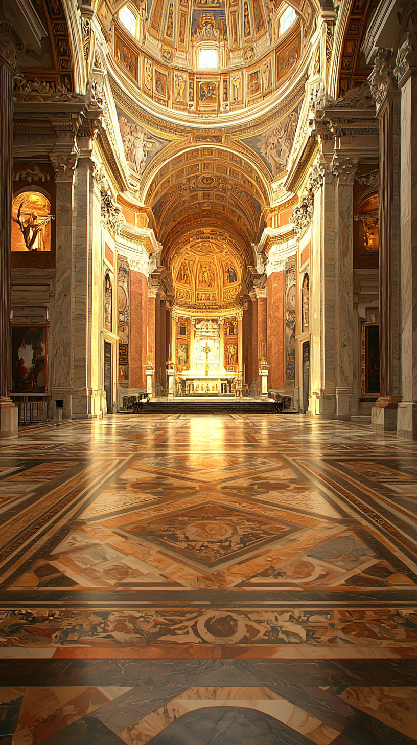 Detailed digital painting of St. Peter's Basilica interior with vaulted ceilings, gold and marble decor, and ethereal light.