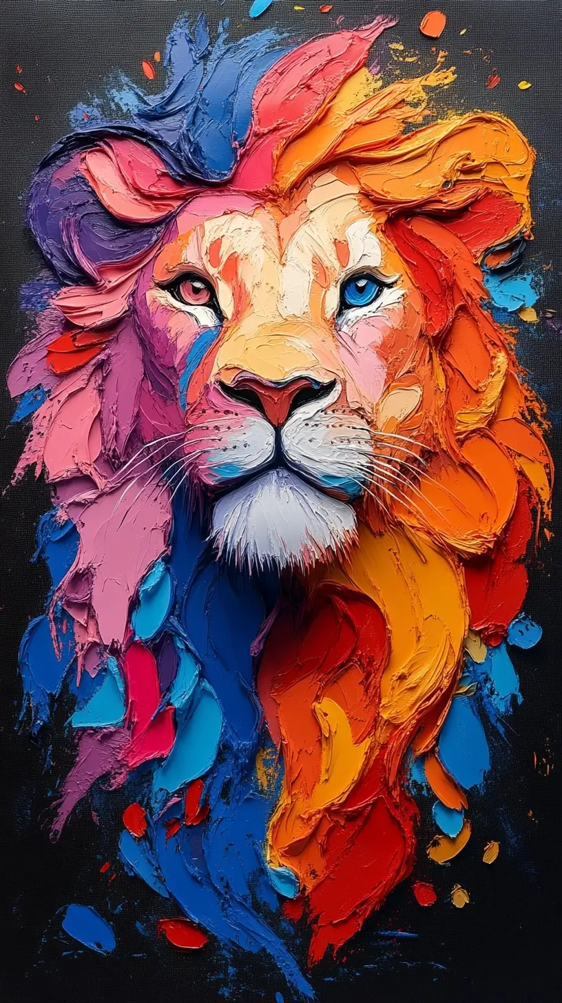 Painting of a majestic lion with a colorful mane in various bold shades.