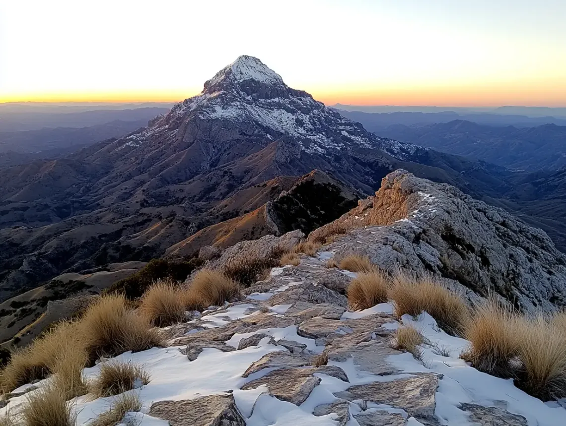 Majestic mountain with snow-covered peak against a clear blue sky, symbolizing strength and endurance