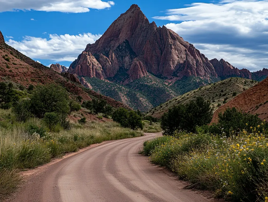 Dirt road winding through a serene rural landscape with a looming mountain backdrop.