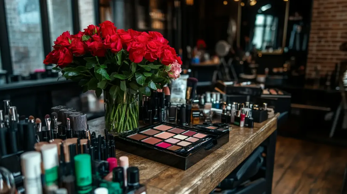 Array of makeup products and vibrant flowers on a well-lit table, exuding femininity and beauty.