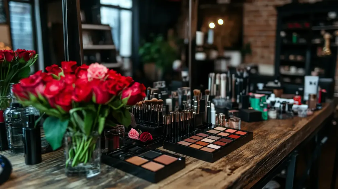 Table decorated with multicolored flowers and neatly arranged makeup products, suggesting femininity and beauty.