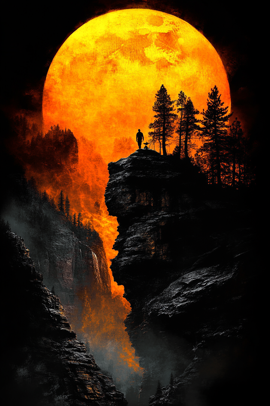 Silhouetted man standing atop a mountain under a large moon in a dark, atmospheric sky