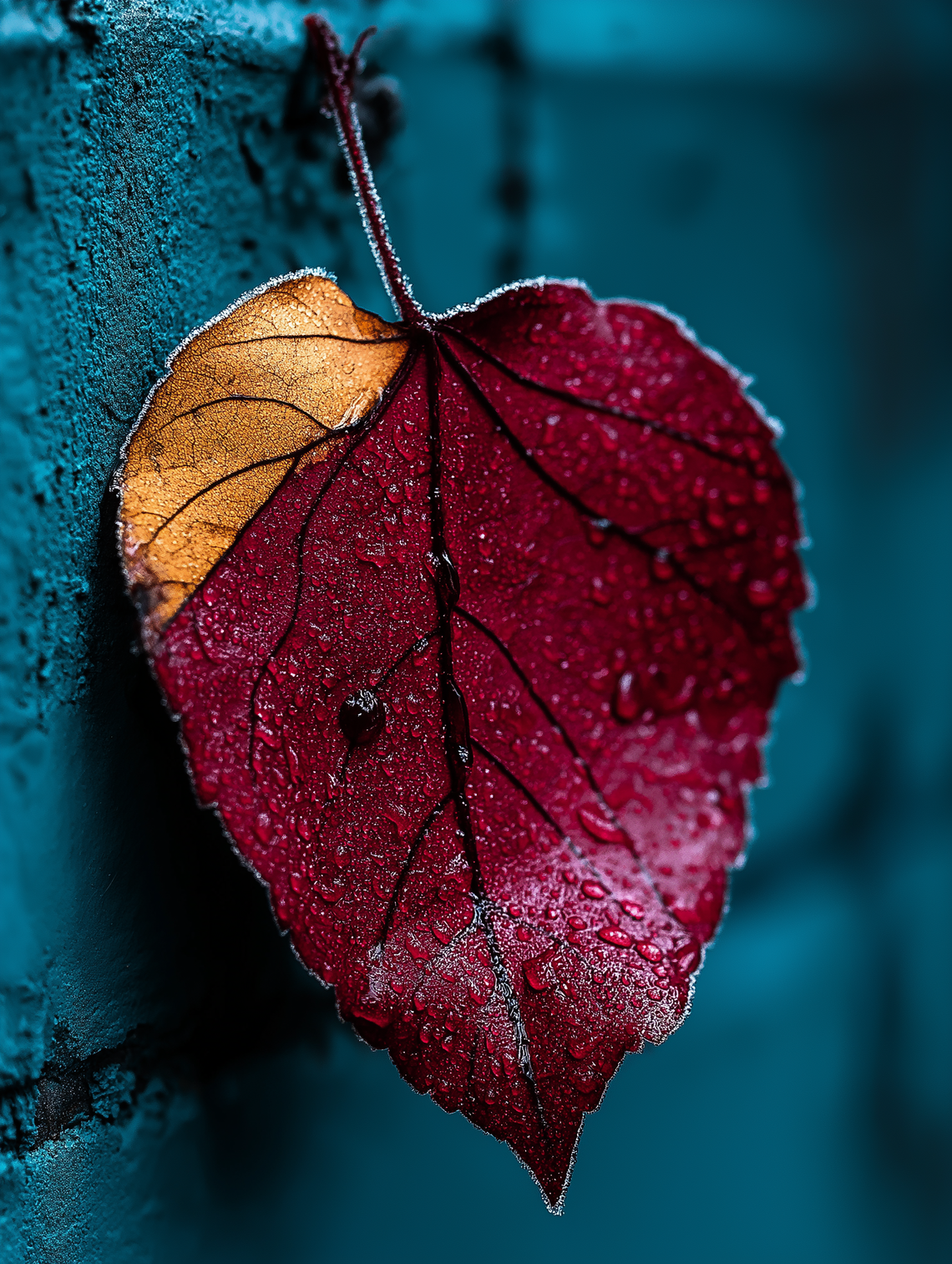 Frosted red maple leaf and persimmon on a blue background, symbolizing Frost solar term