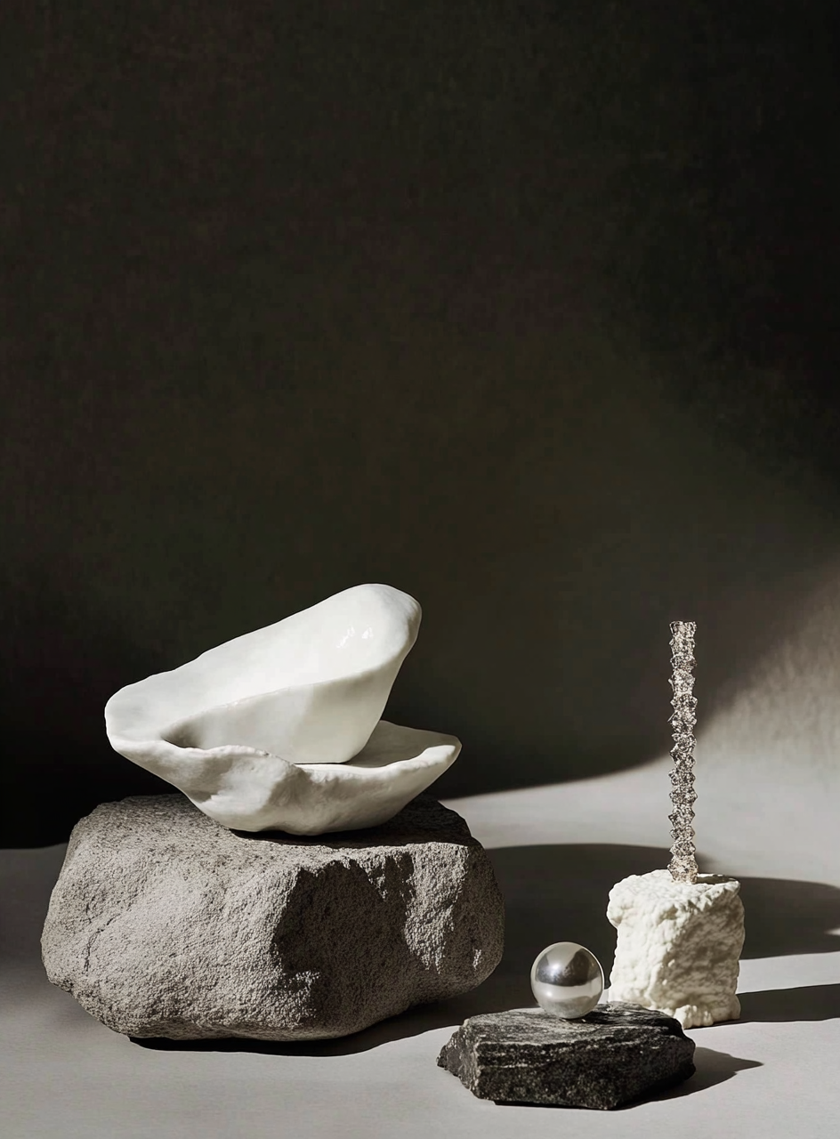 Colorful still life with sculptures, curtains, and rocks in soft, low studio lighting