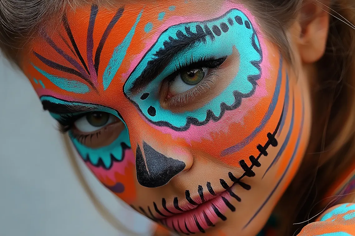 Day of the Dead girl with sugar skull patterns, skeletal features, and exposed clockwork details in a partially decayed face.