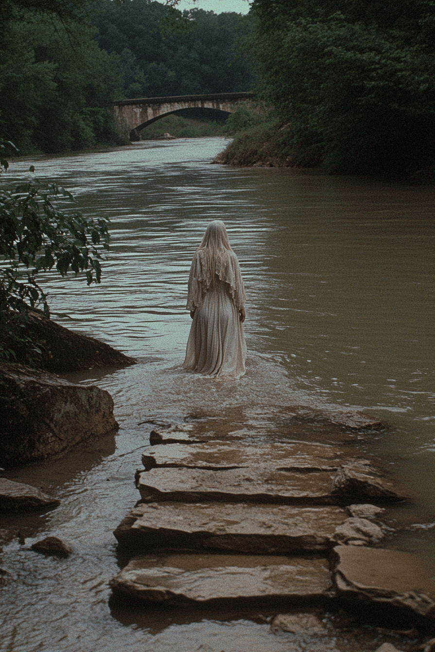 Haunting portrayal of La Llorona with somber tones and surreal details.