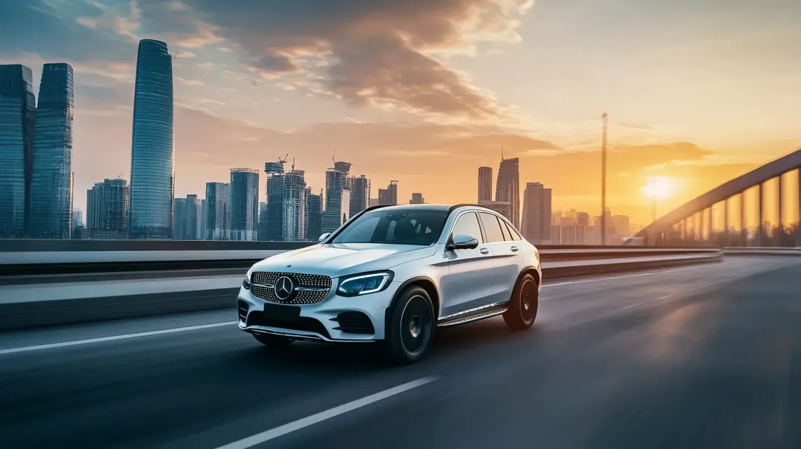 White Mercedes SUV driving down highway, contrasting with the asphalt.