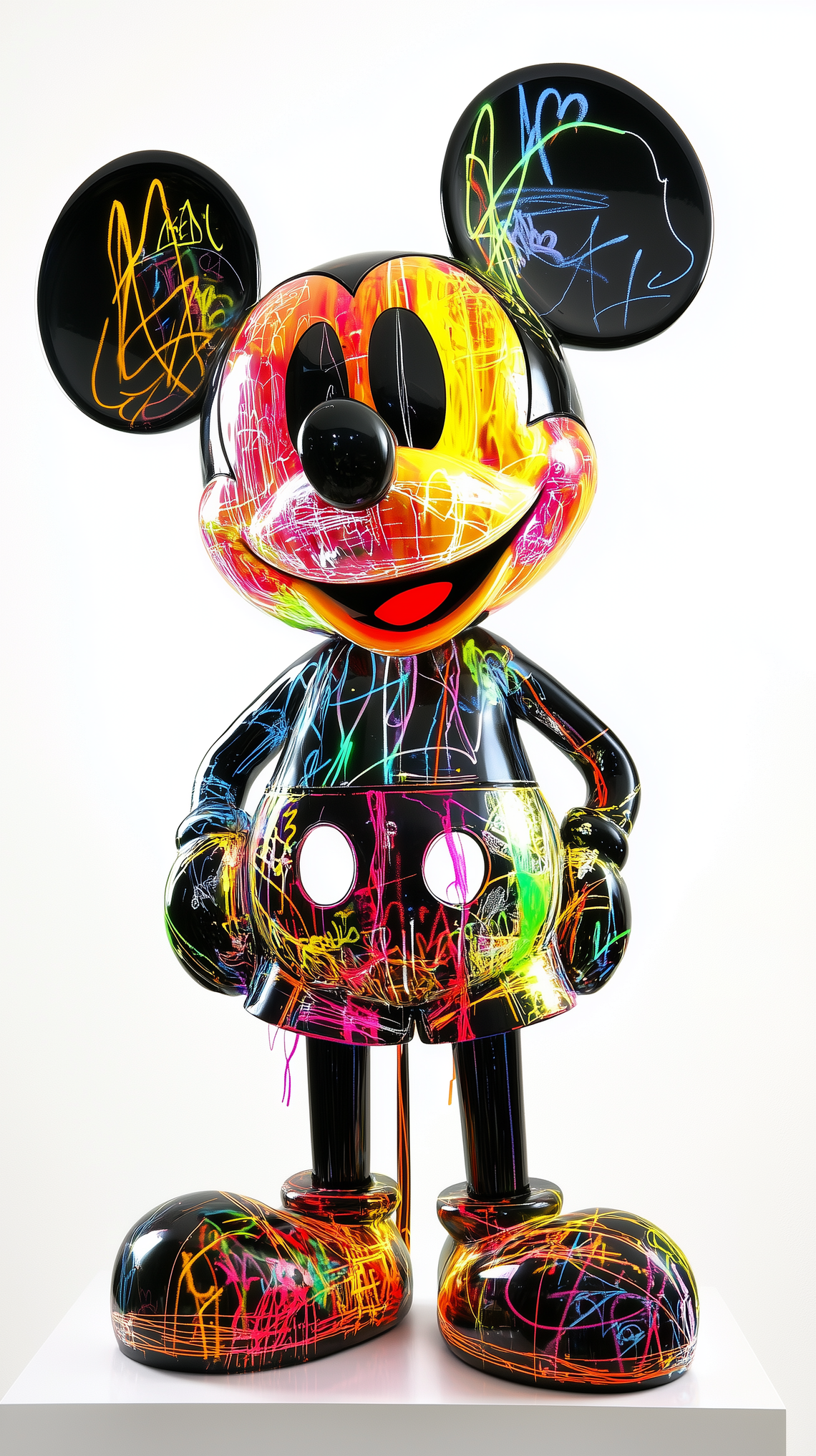 Black Mickey Mouse statue covered in neon graffiti on a clear white background