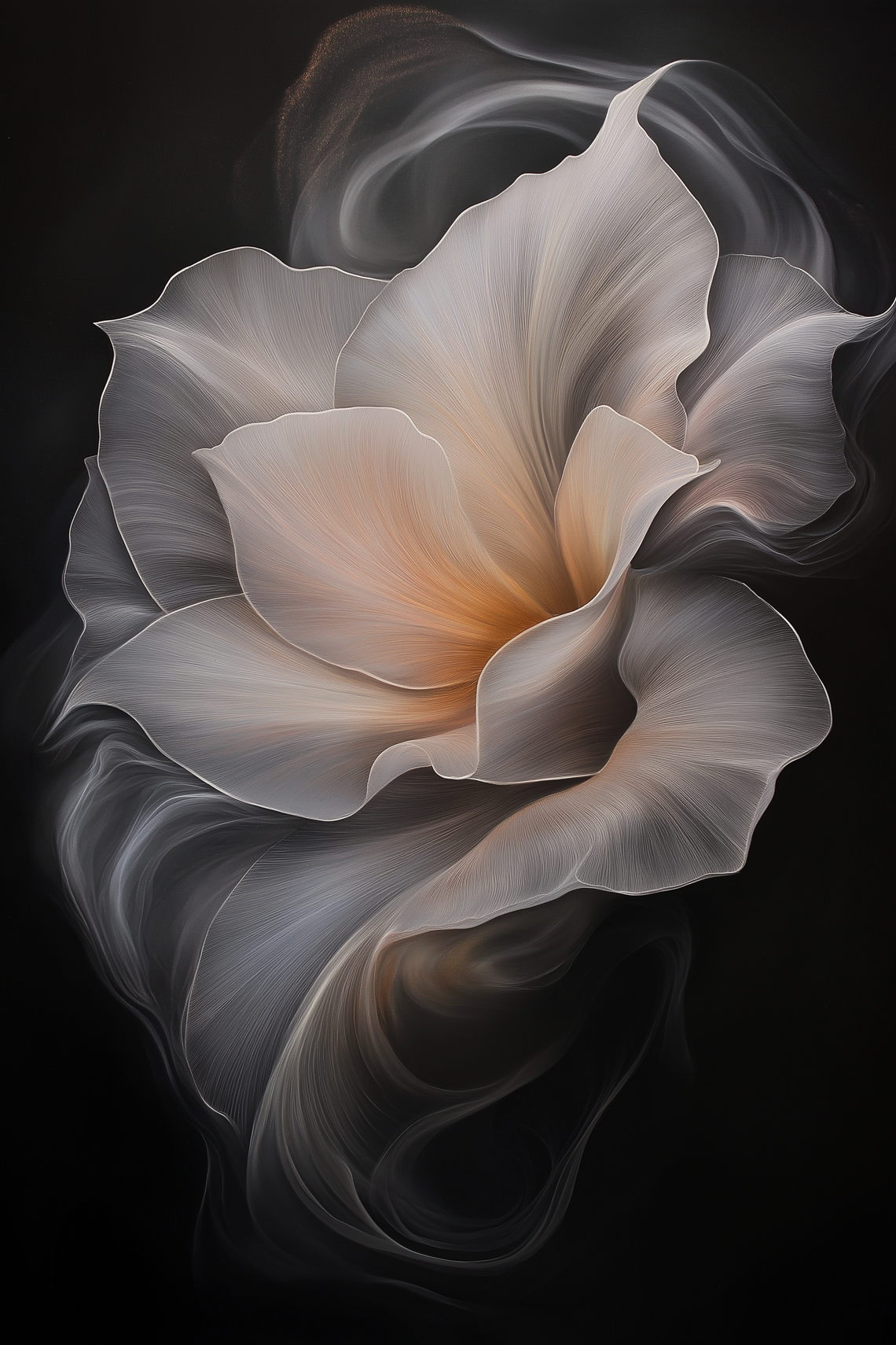 Black and white painting of a tightly coiled tulip with glowing, translucent petals on a solid black background.