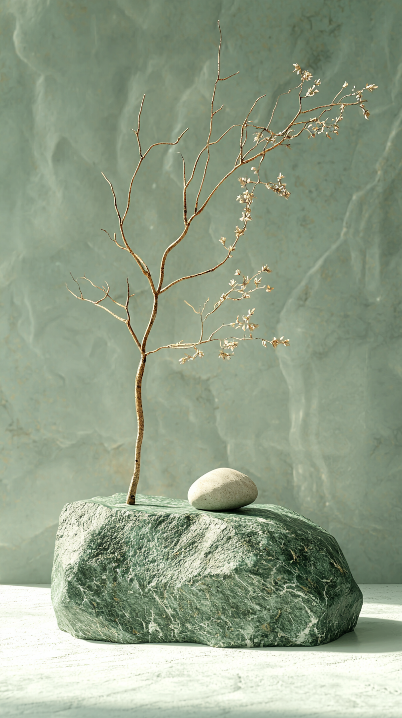 Abstract green pedestal with rock and dried twigs on a light pastel background.