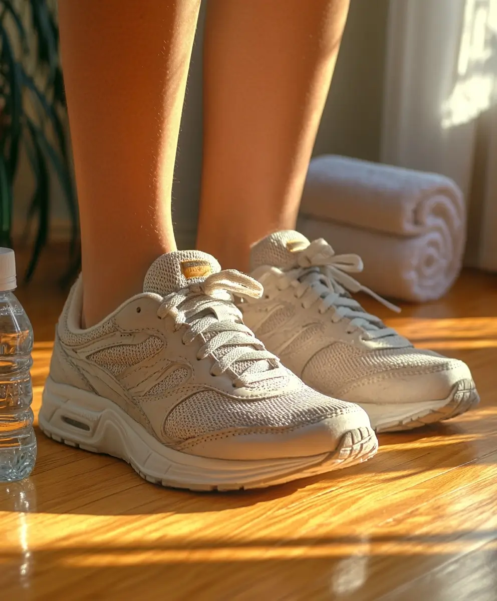 Unidentifiable person standing next to a water bottle on a wooden floor in a well-lit, minimalist room.