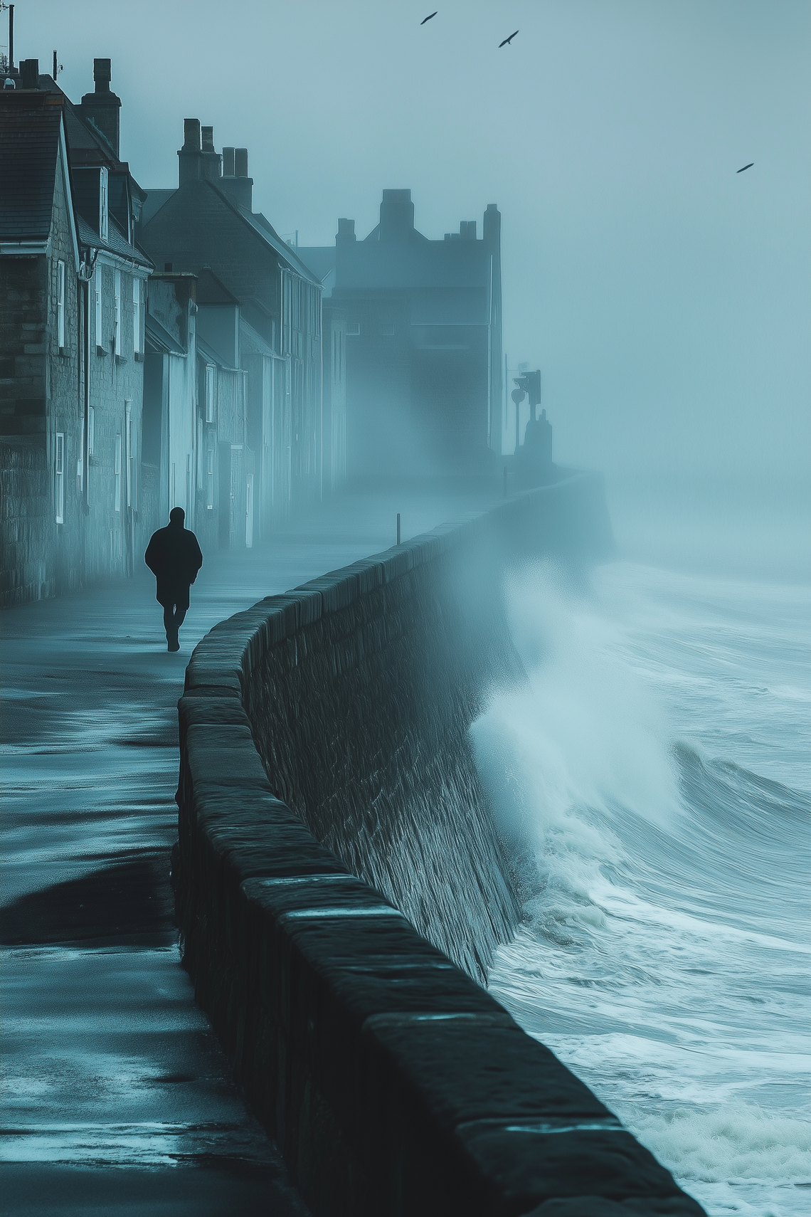 British coastal village in the early morning with a man in dark all-weather clothing walking along a wave-splashed harbor