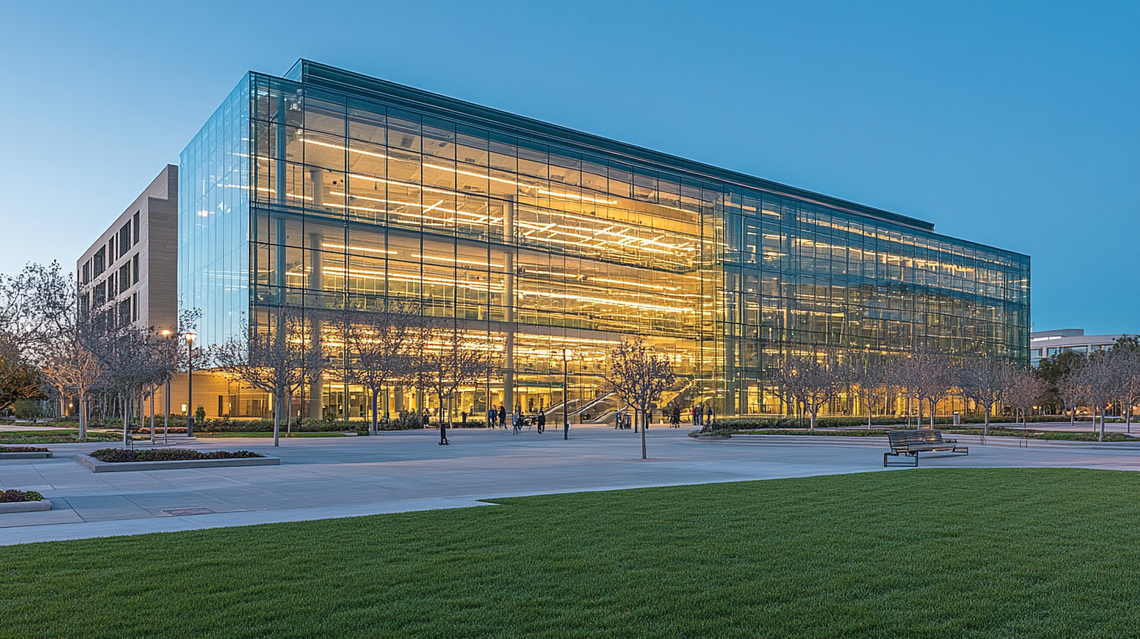 Architecture integrating large glass panels and open spaces with traditional forms, enhancing connectivity with surroundings.