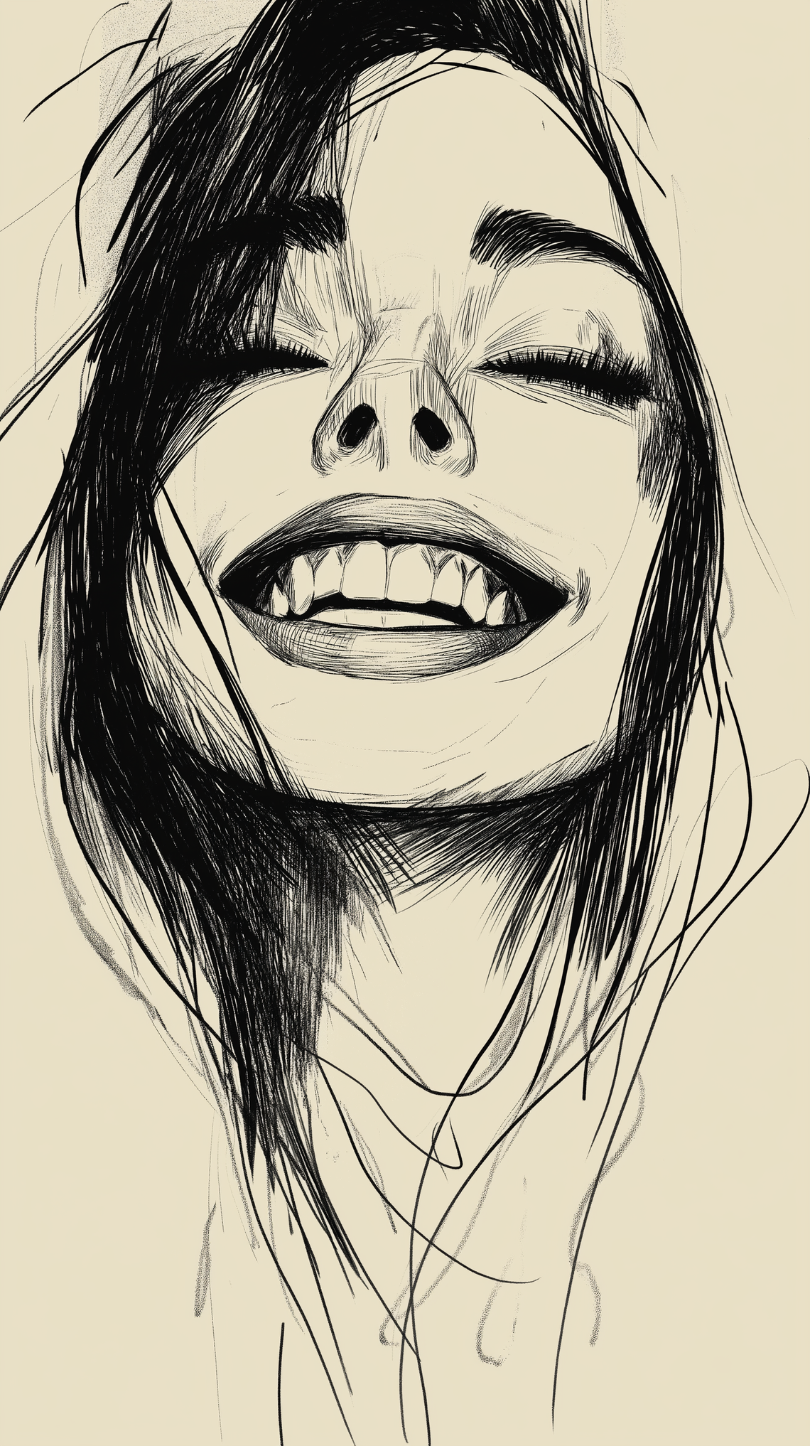 Stylish ink sketch of a girl’s smiling face with abstract, modern aesthetics