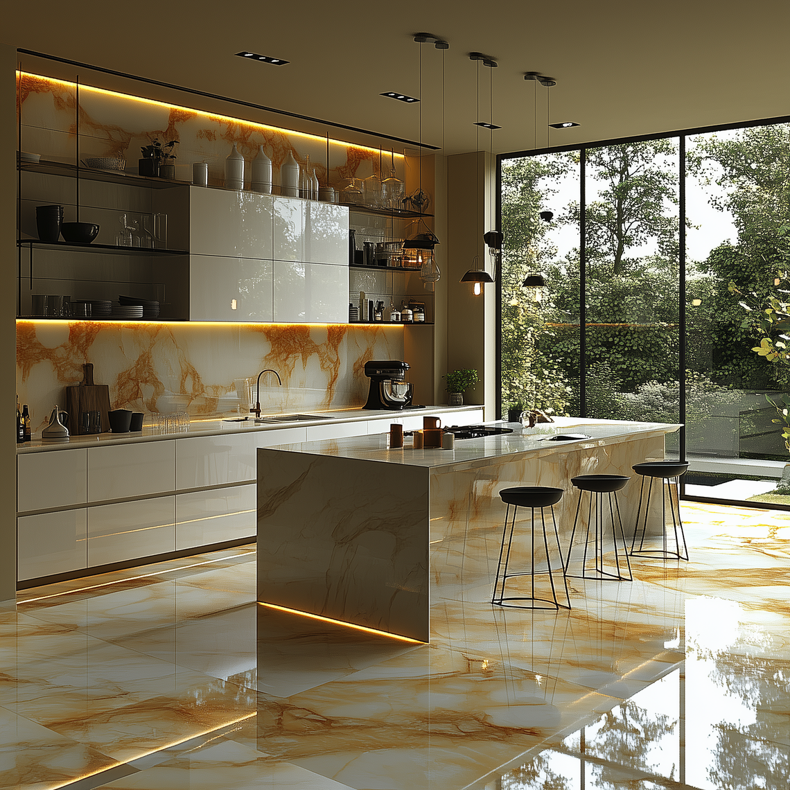 Interior of a modern kitchen with marble island, white cabinets, large window, and beige walls