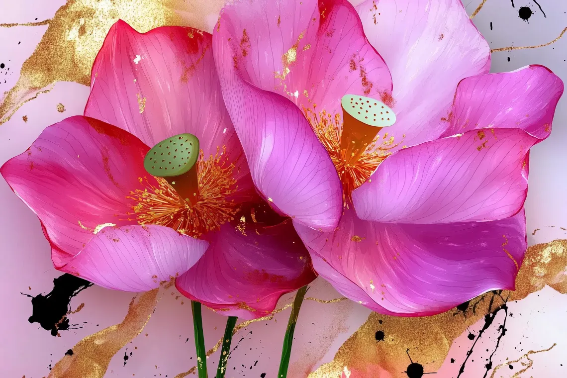 Digital painting of lotus flowers with a soft watercolor background, black splatters, and gold strokes.