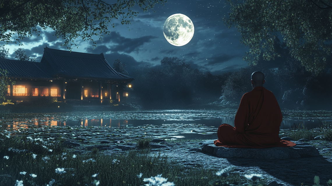 A monk sits in deep meditation under moonlight, with the moon’s reflection shimmering in a nearby pond.