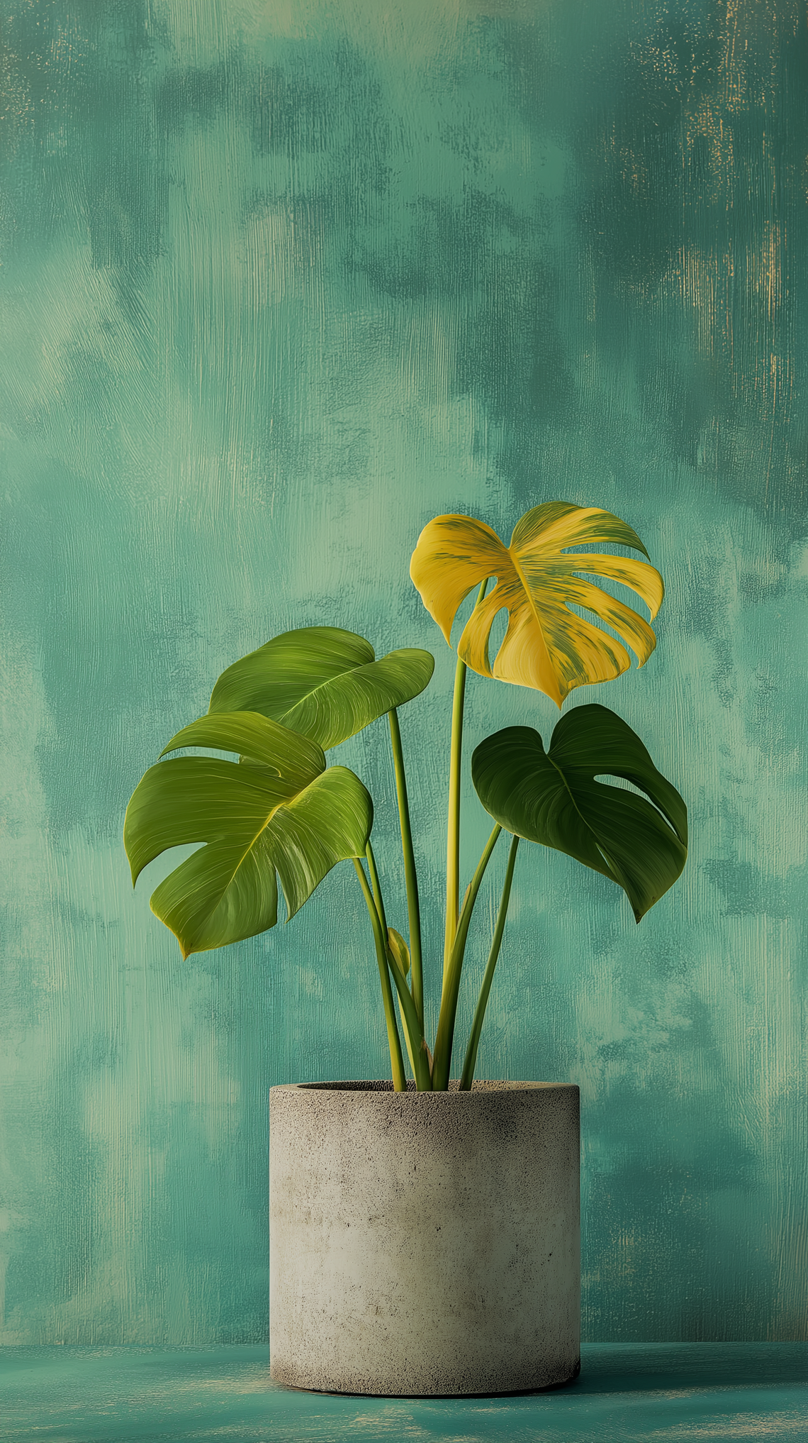 Concrete pot with light yellow and green Monstera plant on a sage background.