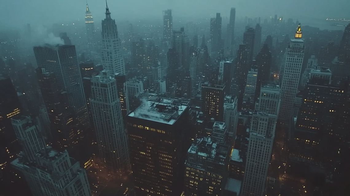 Aerial view of a nighttime cityscape with dense skyscrapers, faintly glowing windows, and misty streets.