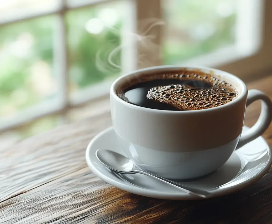 White porcelain cup of coffee with a silver spoon on a simple, clean backdrop, conveying elegance and calmness.