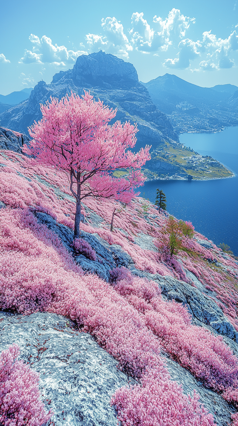 Kodak Aerochrome photo capturing a mountain top scene with a lake below, pink tree, and vibrant vegetation in natural light.