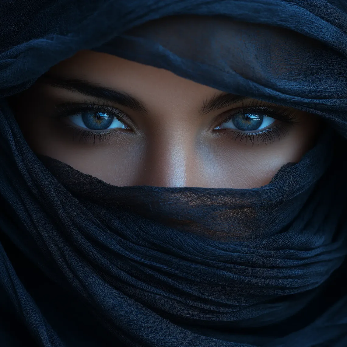 Mysterious woman with striking blue eyes peering through a dark, elegant veil.