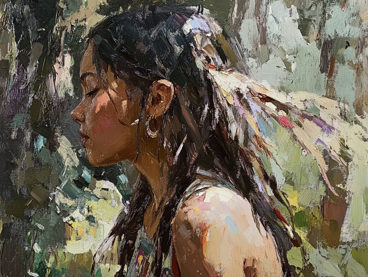 Native American girl in the forest, created with thick, expressive palette knife strokes, in the styles of Tibor Nagy