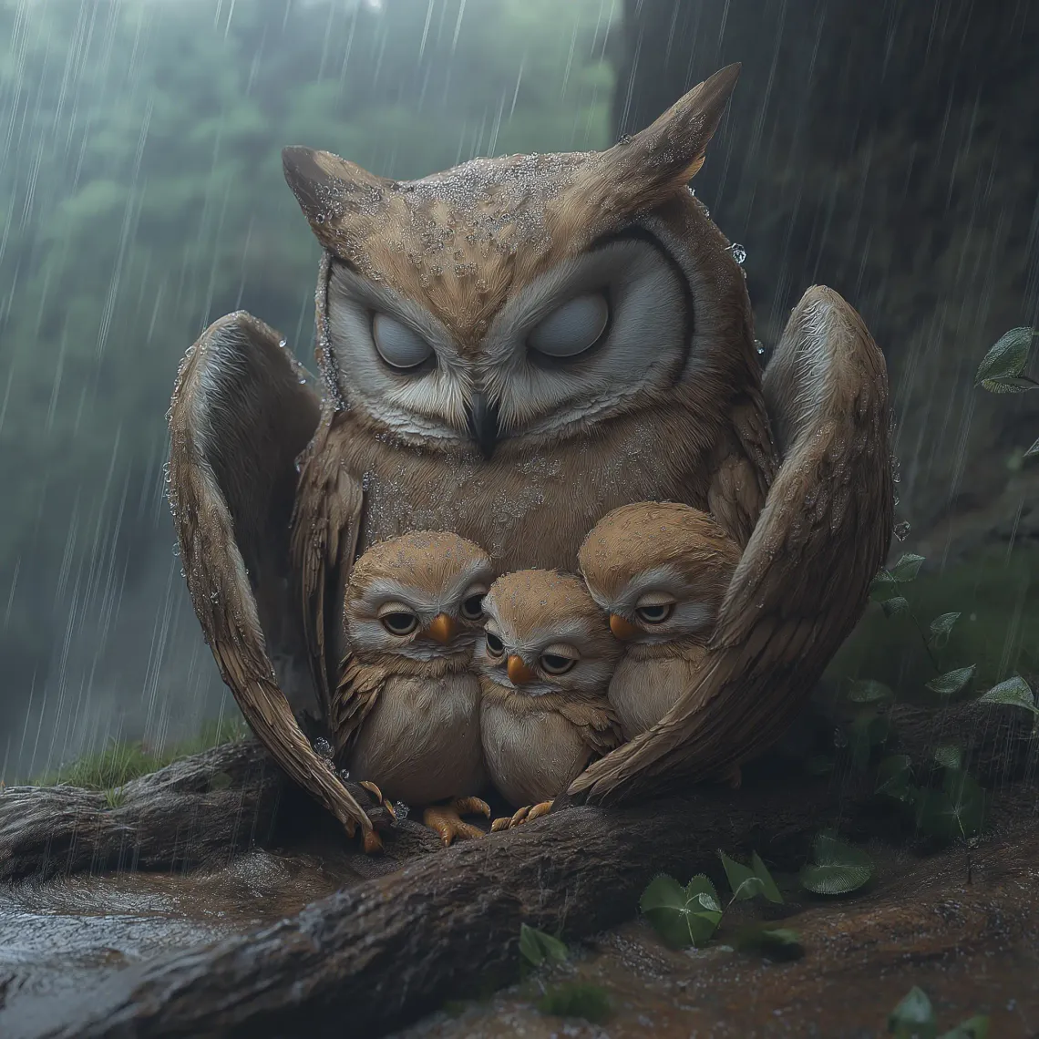 Group of owls perched on a branch in the woodland, calm and observant.