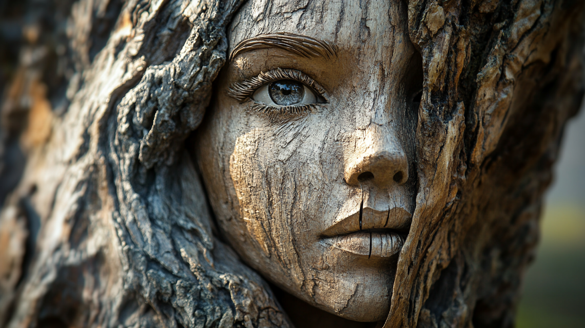 Rough tree sculpture of a girl’s face carved into natural wood