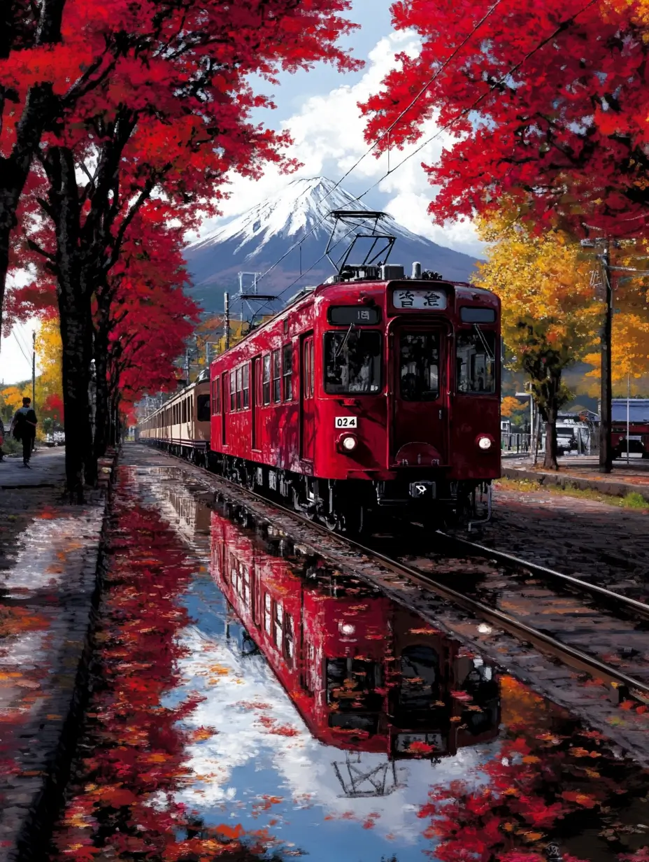 Vibrant red train moving swiftly along tracks adjacent to a lush green forest.