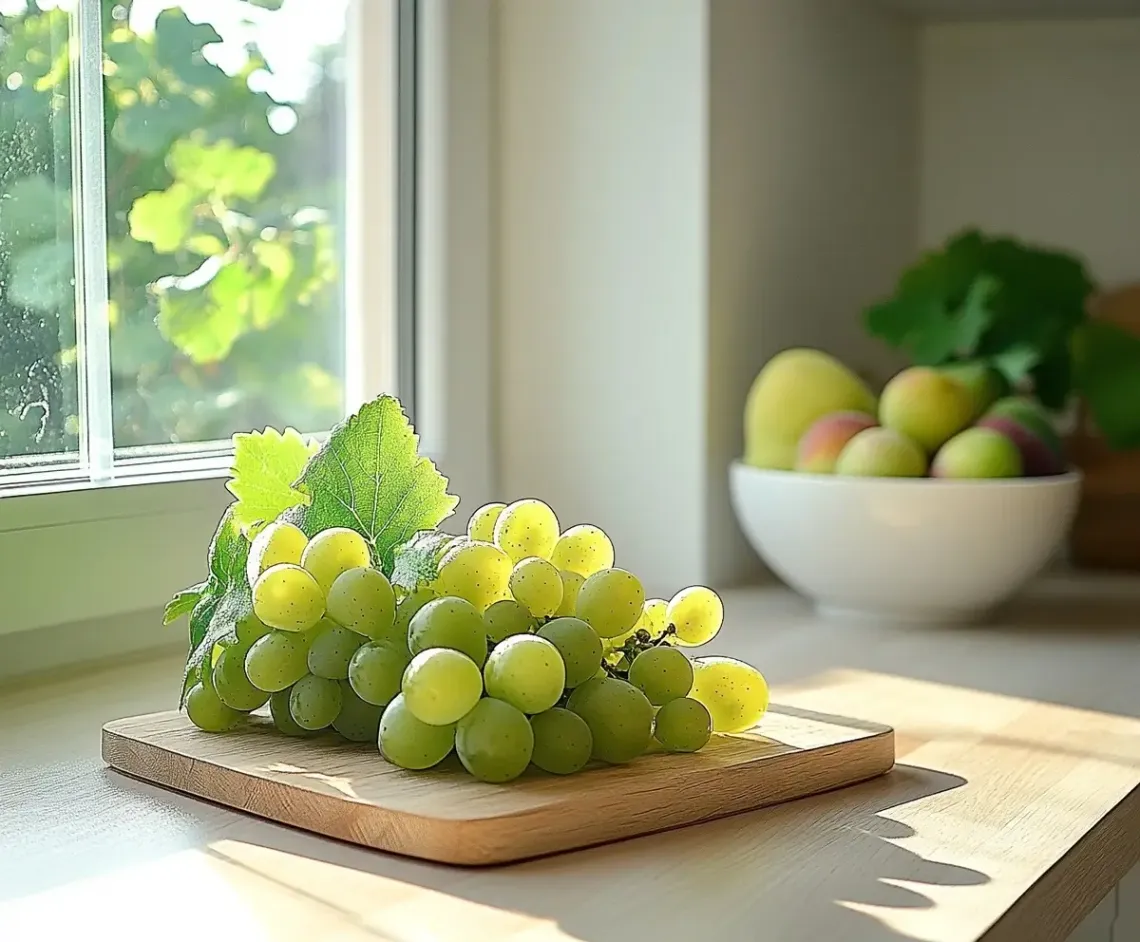 Ripe and plump purple grapes arranged on a clean, well-maintained wooden cutting board.