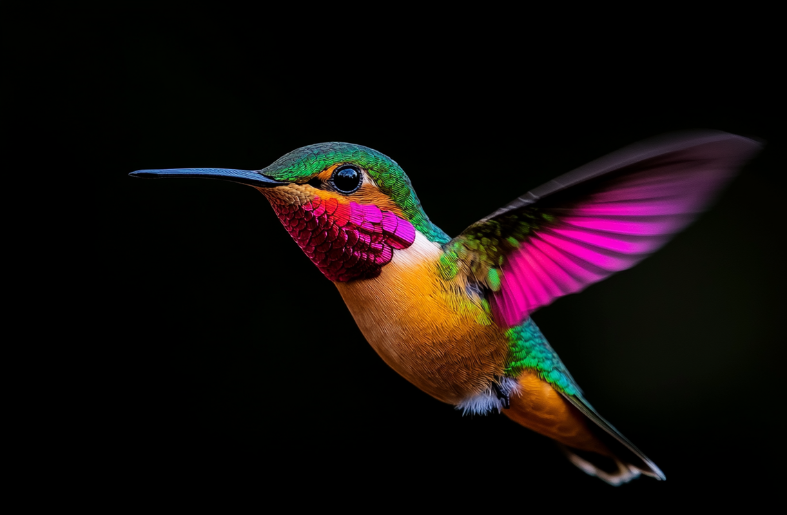 A delicate needle-felted hummingbird with vibrant, intricately designed wings inspired by alebrije art.