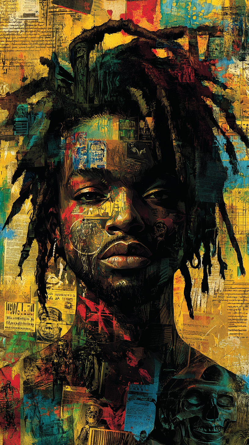 African-inspired graffiti artwork featuring an abstract face with dreadlock-like hair