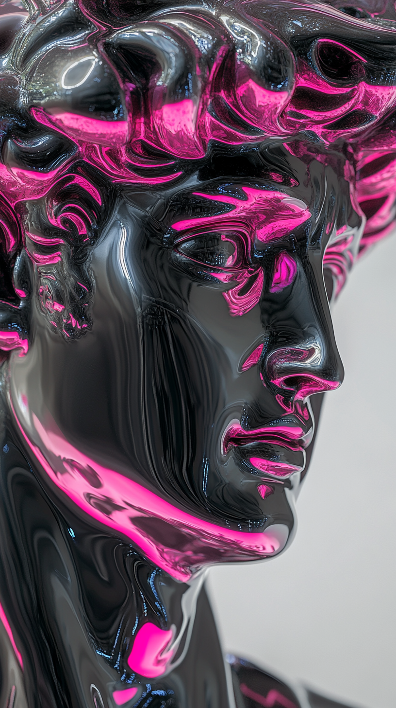 David's statue head in black and pink neon, glossy chrome, vaporwave-inspired retro look.