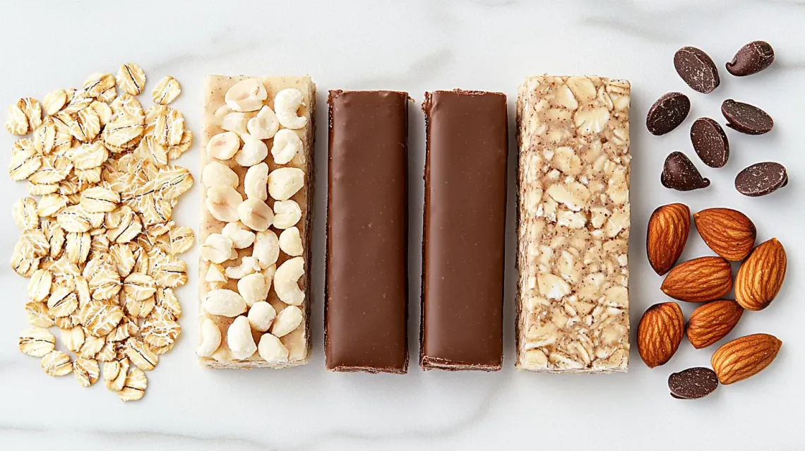 Assortment of almonds, cashews, peanuts, and hazelnuts with various chocolate bars on a table.