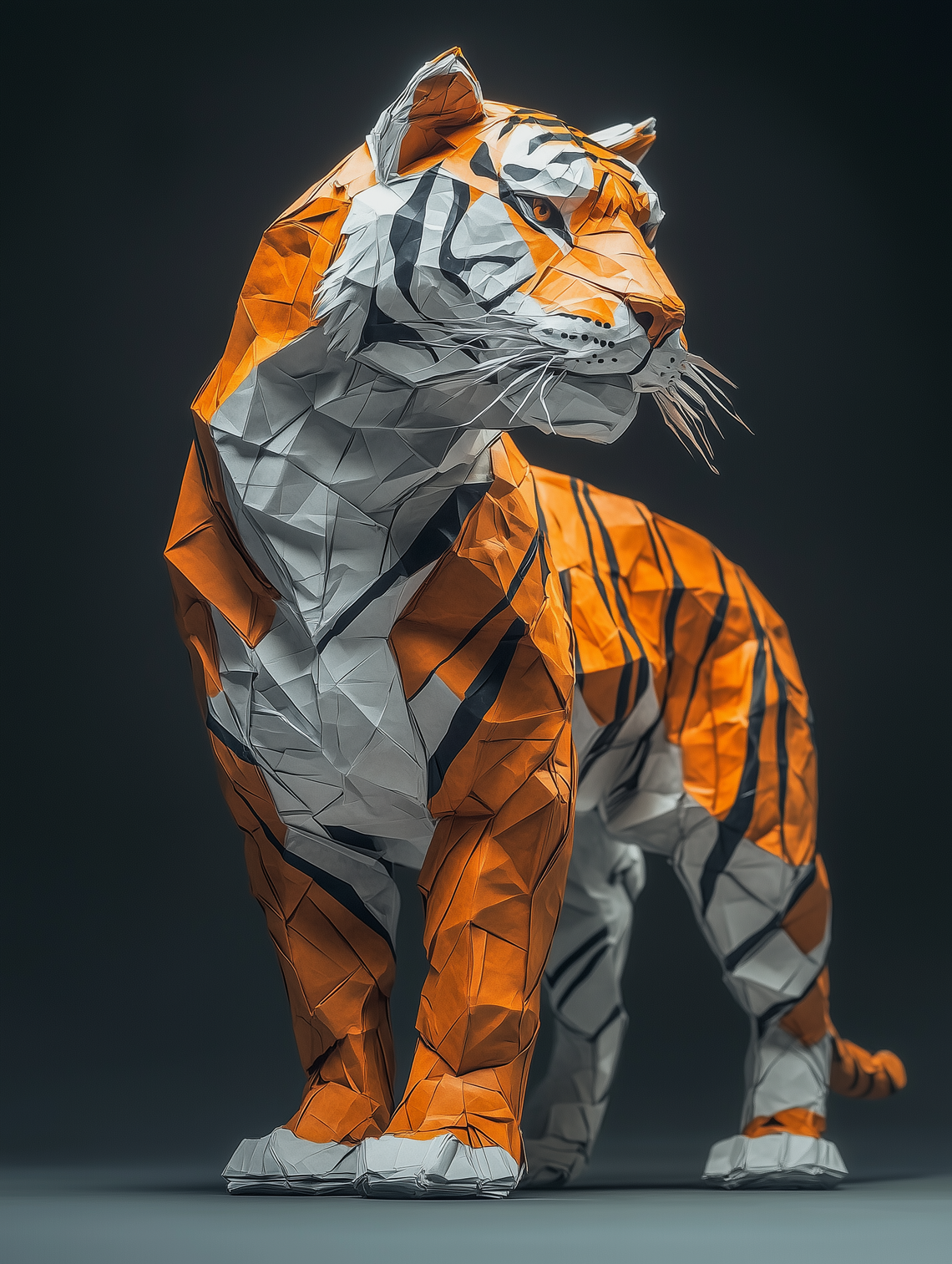 Origami-inspired tiger with a body made of wrinkled, faded paper in a surreal, high-quality poster design