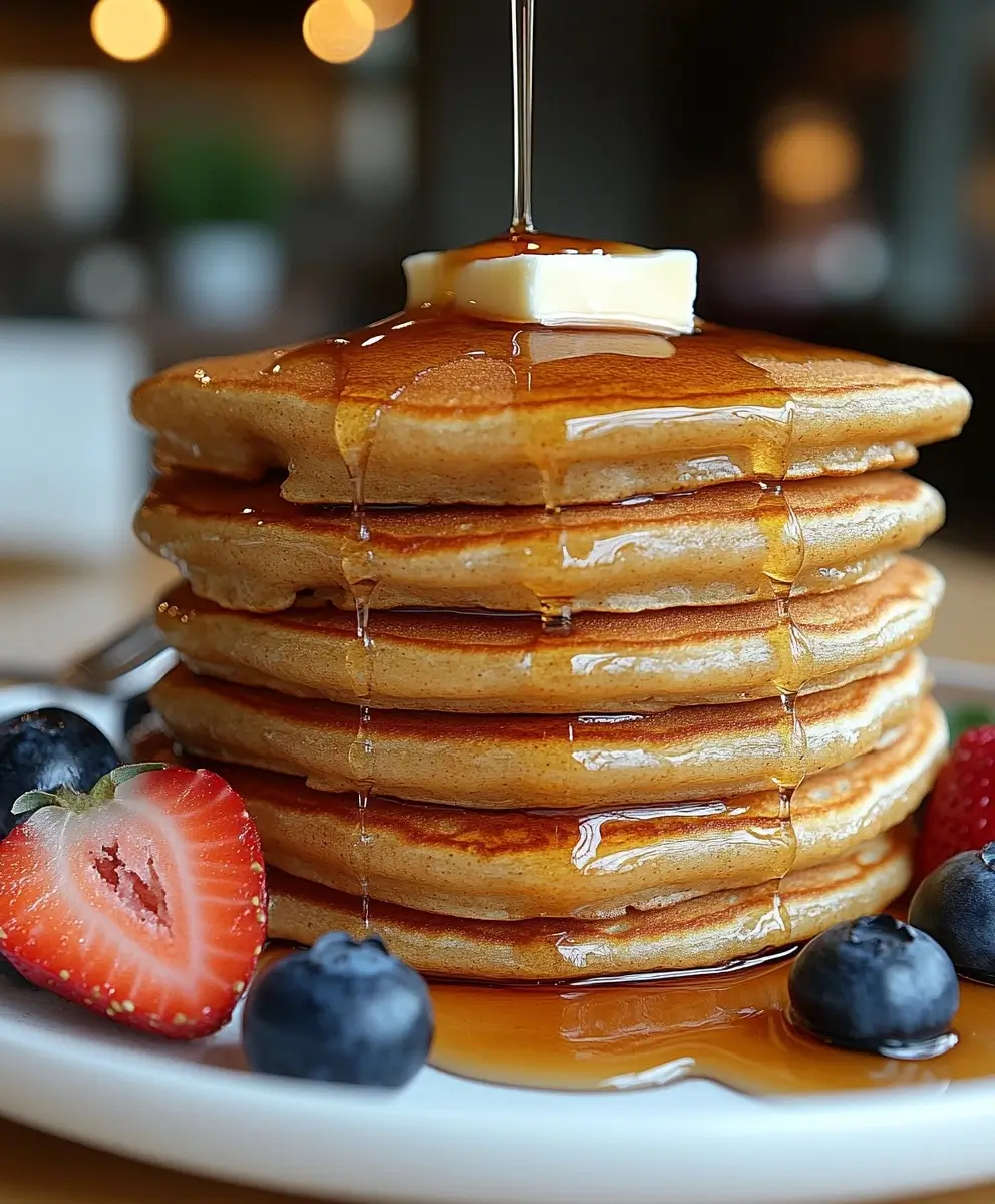 Stack of fluffy pancakes on a white plate, drizzled with syrup and topped with colorful fresh berries.