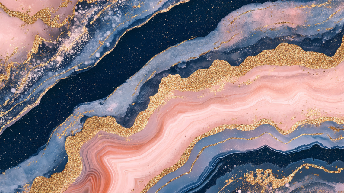 Minimalist agate in pastel pink, navy blue, and gold leaf accents with bold 70s-style pattern