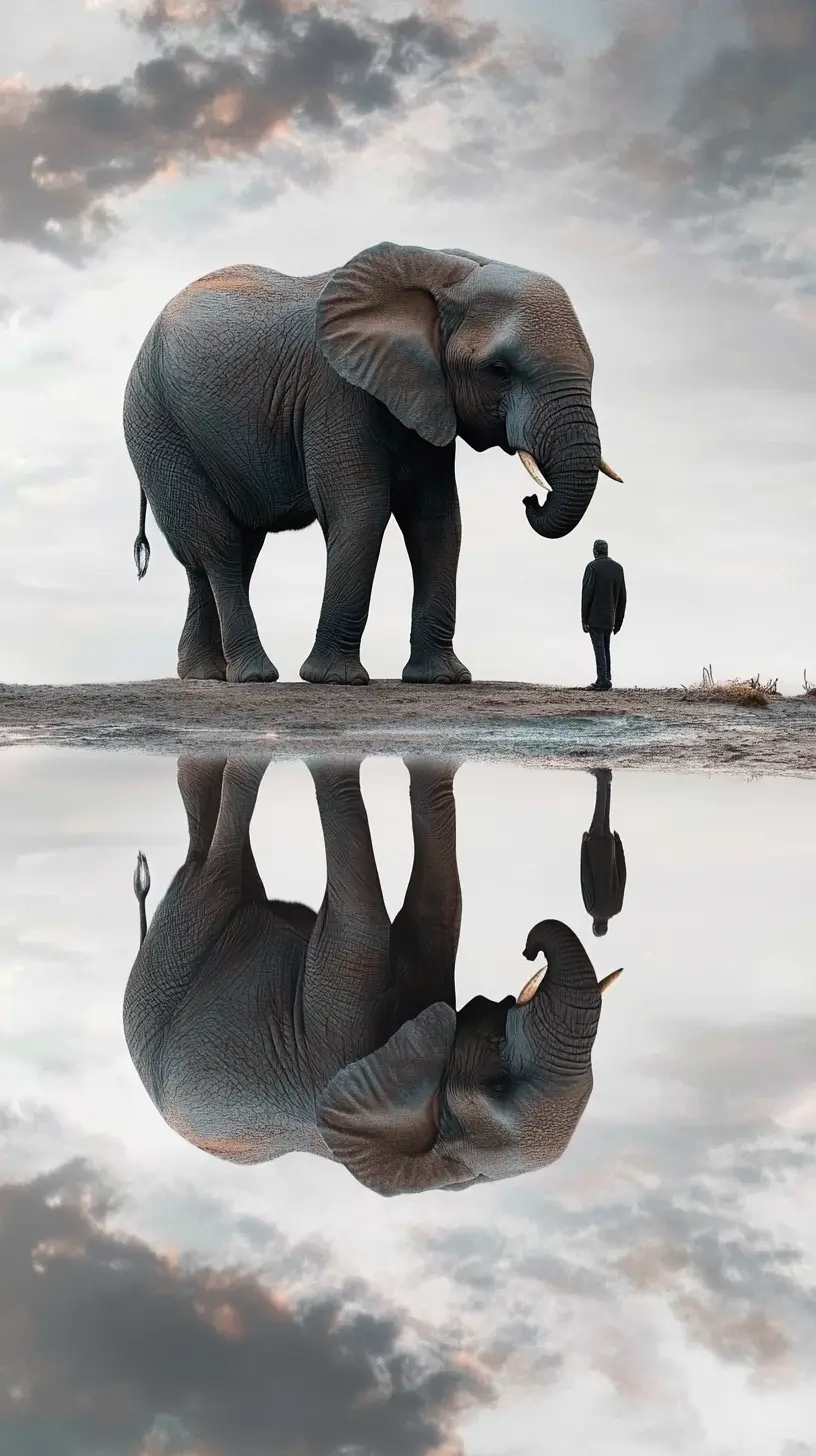 Elephant with mirrored reflection on calm water, peaceful atmosphere.