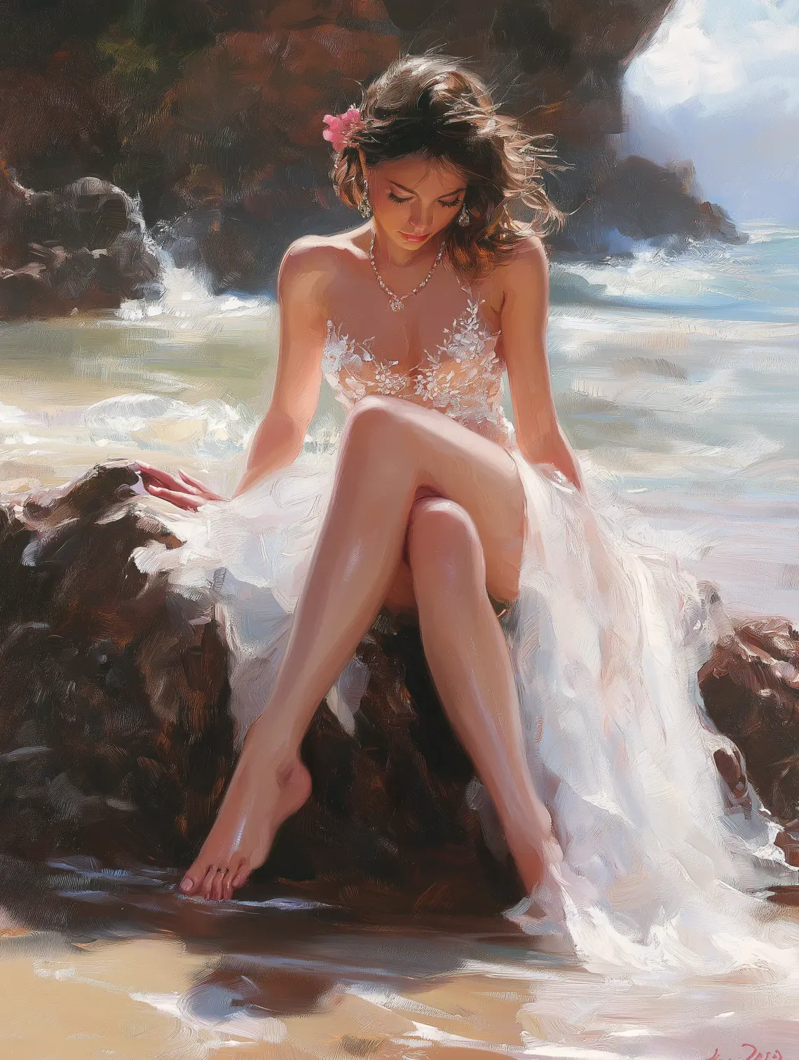 Painting of a woman seated on a rock facing ocean waves in a contemplative pose.