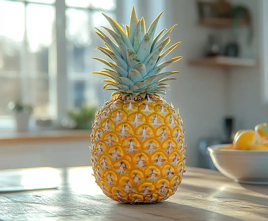 Pineapple on a wooden table with a bowl of yellow lemons in the background in an indoor setting.