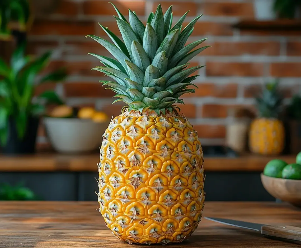 A ripe yellow pineapple and a sharp silver knife on a dark wooden table, ready for cutting into a snack.