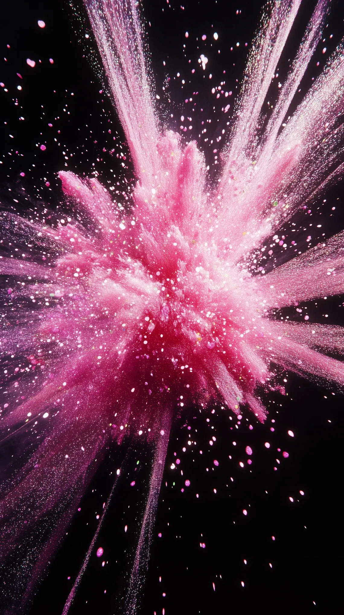 Pink powder explosion in mid-air, creating a vibrant, whimsical scene.