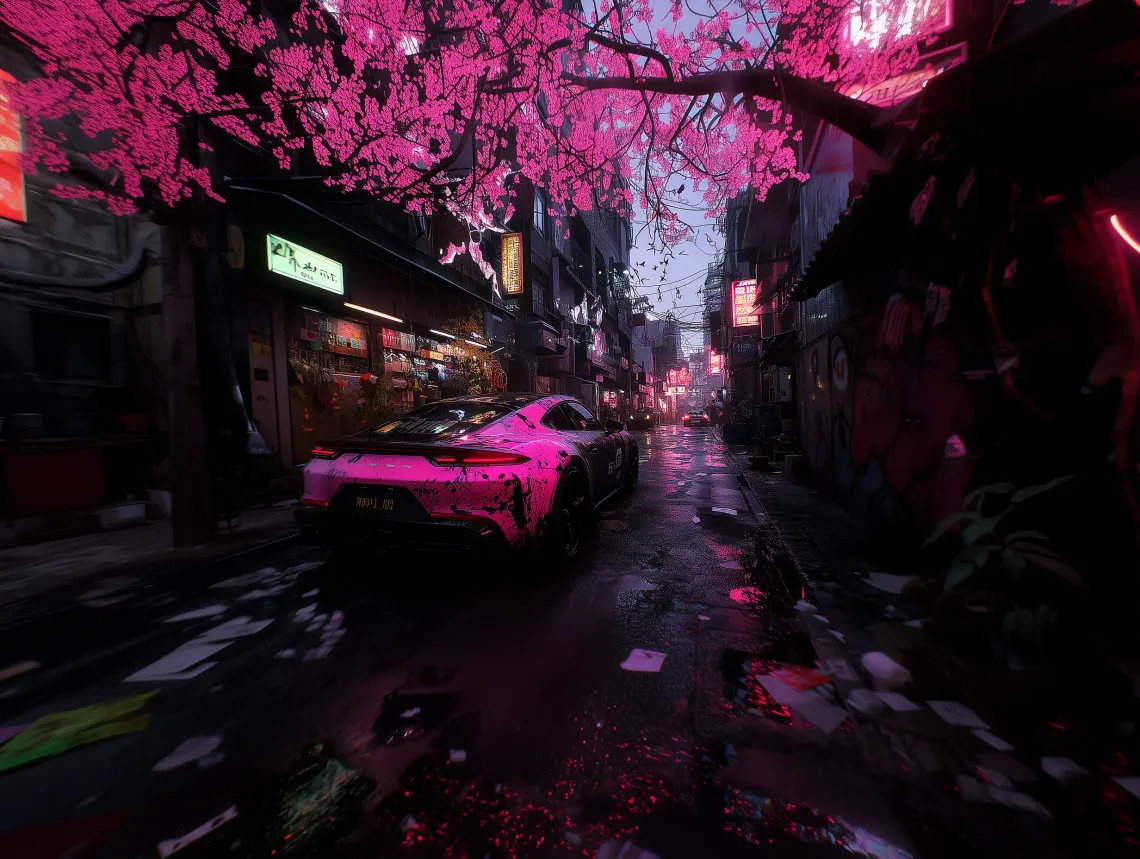 Pink sports car in a neon-lit futuristic Japanese cityscape with cyberpunk aesthetics.